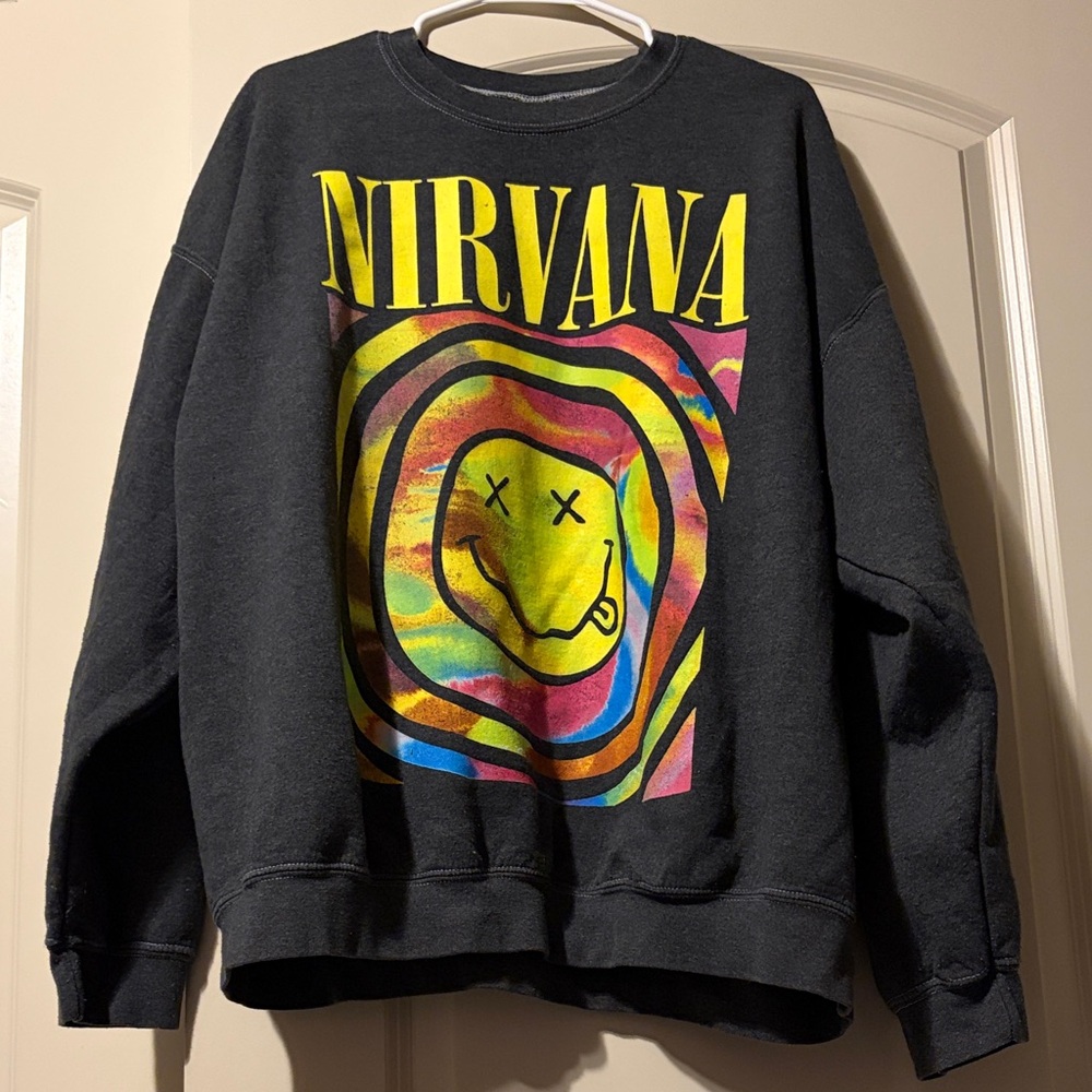 NIRVANA Black Crewneck with Yellow & Multicolor Smiley Graphic